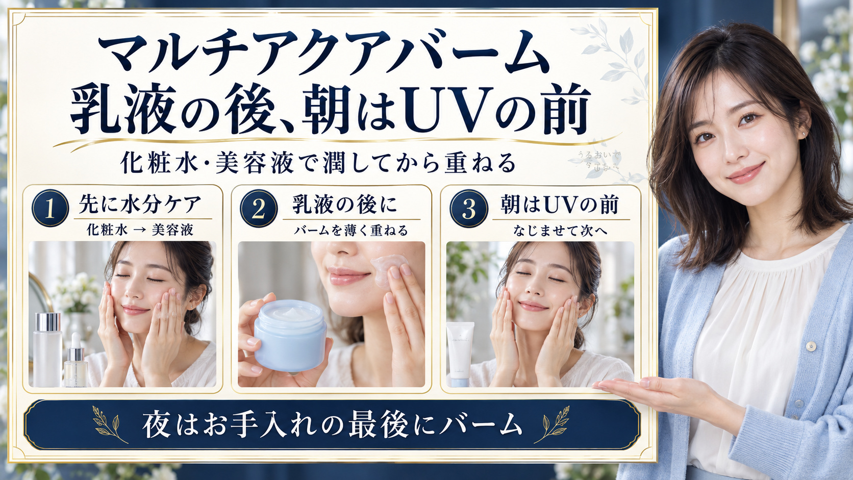 マルチアクアバームは化粧水・美容液・乳液の後に重ね、朝は日焼け止めの前、夜はお手入れの最後に使う順番