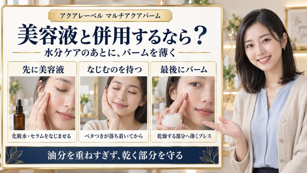 アクアレーベルマルチアクアバームを美容液のあとに薄く重ねる併用手順