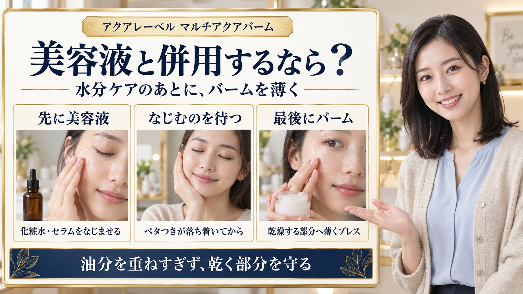 アクアレーベルマルチアクアバームを美容液のあとに薄く重ねる併用手順