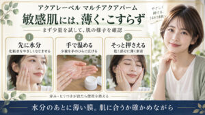 アクアレーベルマルチアクアバームを敏感肌に使う際の、先に水分・手で温める・そっと押さえる手順