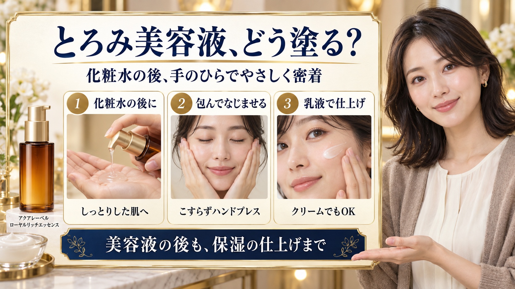 アクアレーベル ローヤルリッチエッセンスを化粧水の後になじませ、ハンドプレスして乳液で仕上げる使い方