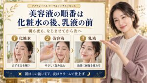 アクアレーベルローヤルリッチエッセンスは化粧水の後、乳液の前。朝はUV、夜はクリームで仕上げる順番