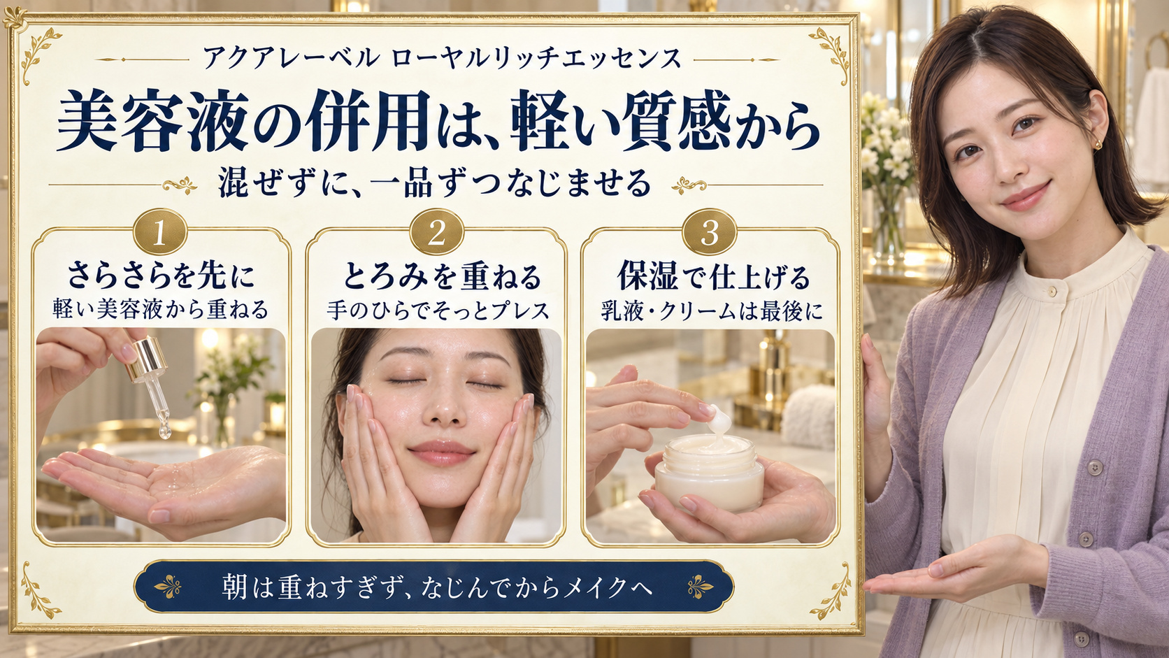 アクアレーベルローヤルリッチエッセンスの併用は軽い美容液から、一品ずつなじませて乳液やクリームで仕上げる