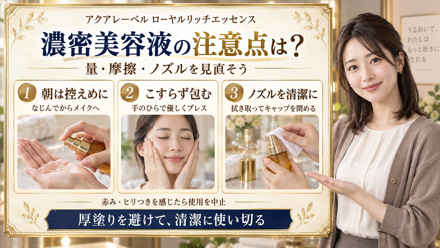 アクアレーベル ローヤルリッチエッセンスの注意点。朝は控えめになじませ、こすらずハンドプレスし、ノズルを拭いて清潔に保つ3つの実写手順。