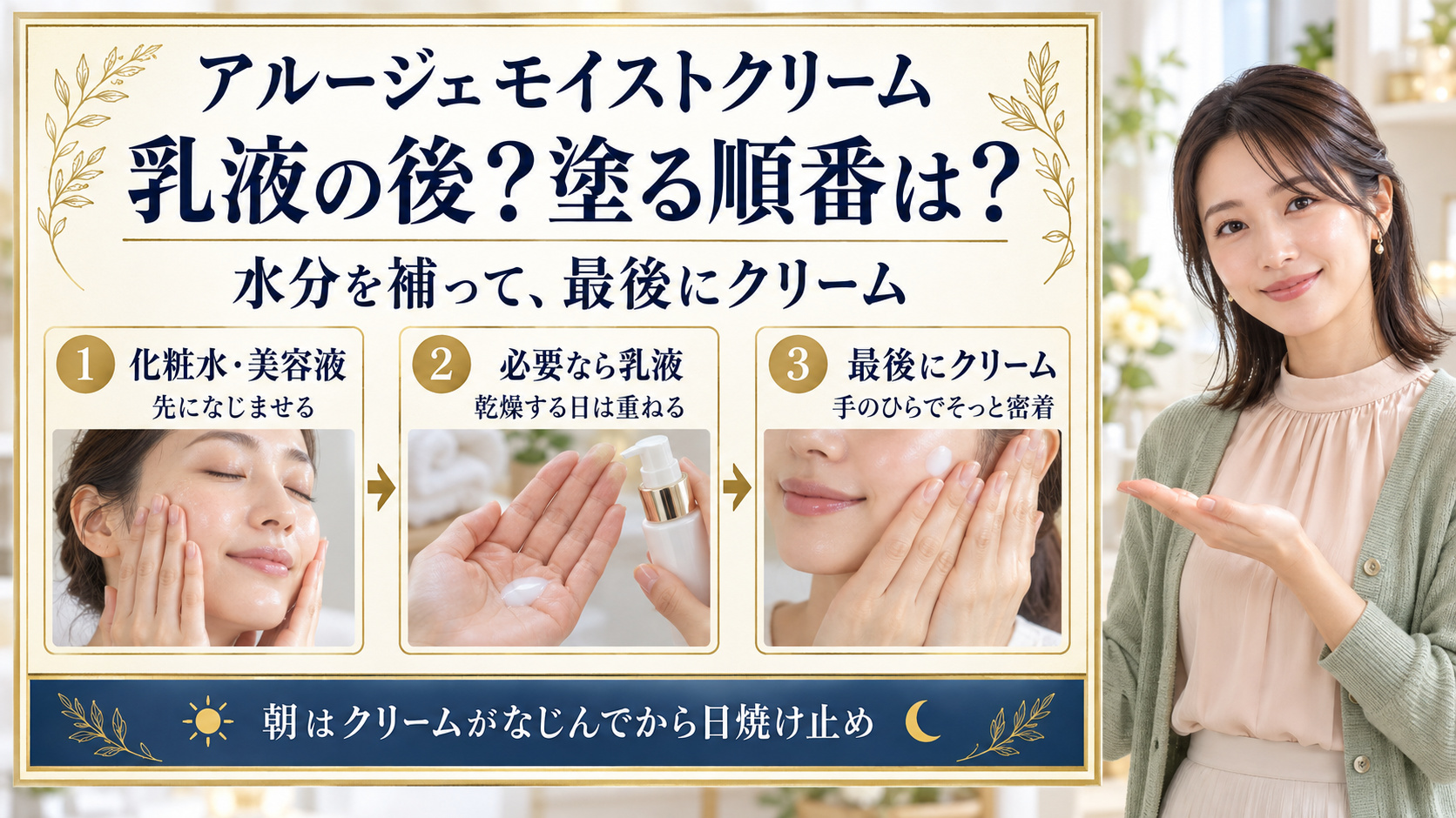 アルージェモイストクリームは化粧水と美容液、必要なら乳液の後に塗り、朝はなじませてから日焼け止めを重ねる