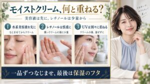 モイストクリームの併用順序：水系美容液を先に、レチノールは薄いクリームの後に少量、日焼け止めは混ぜず別々に重ねる