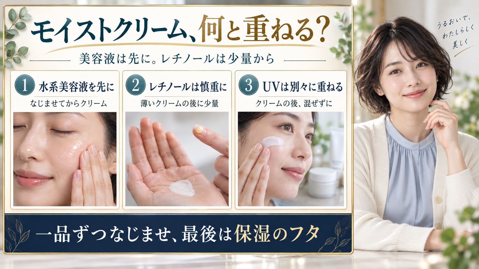 モイストクリームの併用順序：水系美容液を先に、レチノールは薄いクリームの後に少量、日焼け止めは混ぜず別々に重ねる