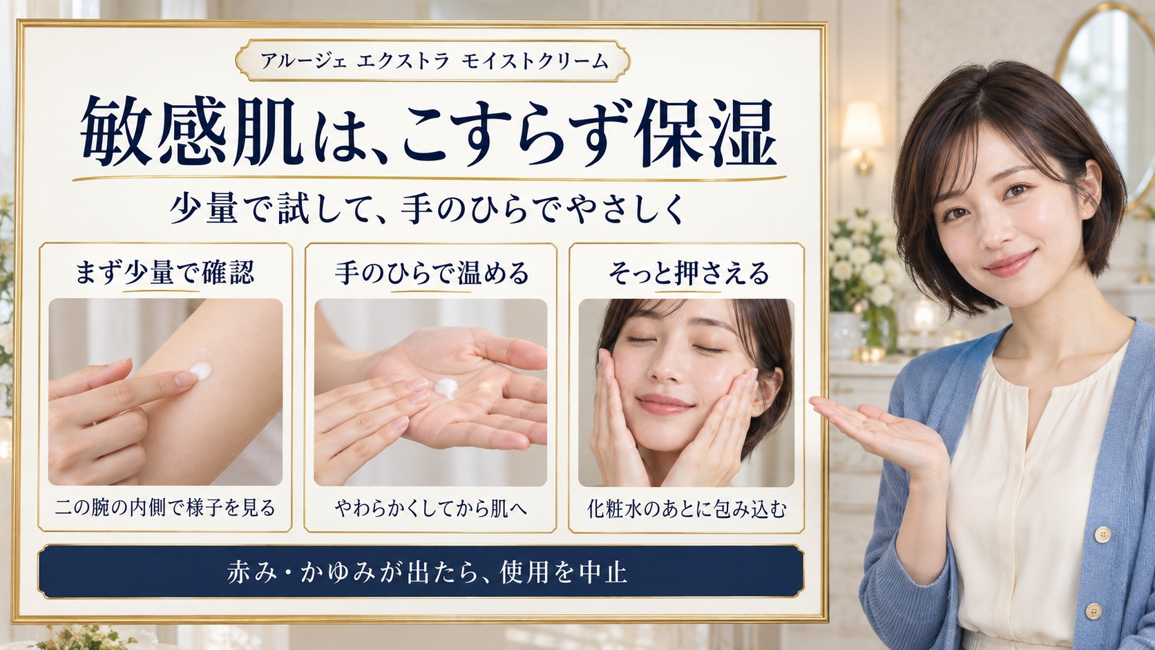 アルージェの敏感肌保湿ケア。二の腕の内側で少量確認し、手のひらで温め、化粧水のあとにそっと押さえる。赤みやかゆみが出たら使用を中止。