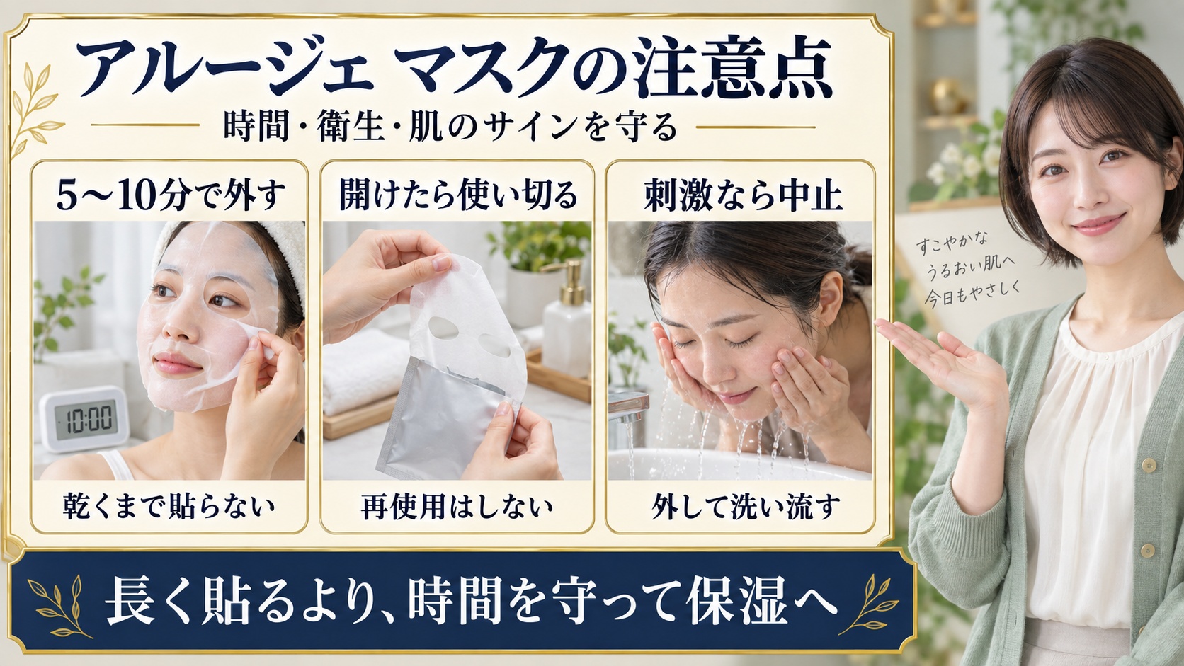 アルージェのマスクは5〜10分で外し、開封後は使い切り、刺激を感じたら外して洗い流す注意点