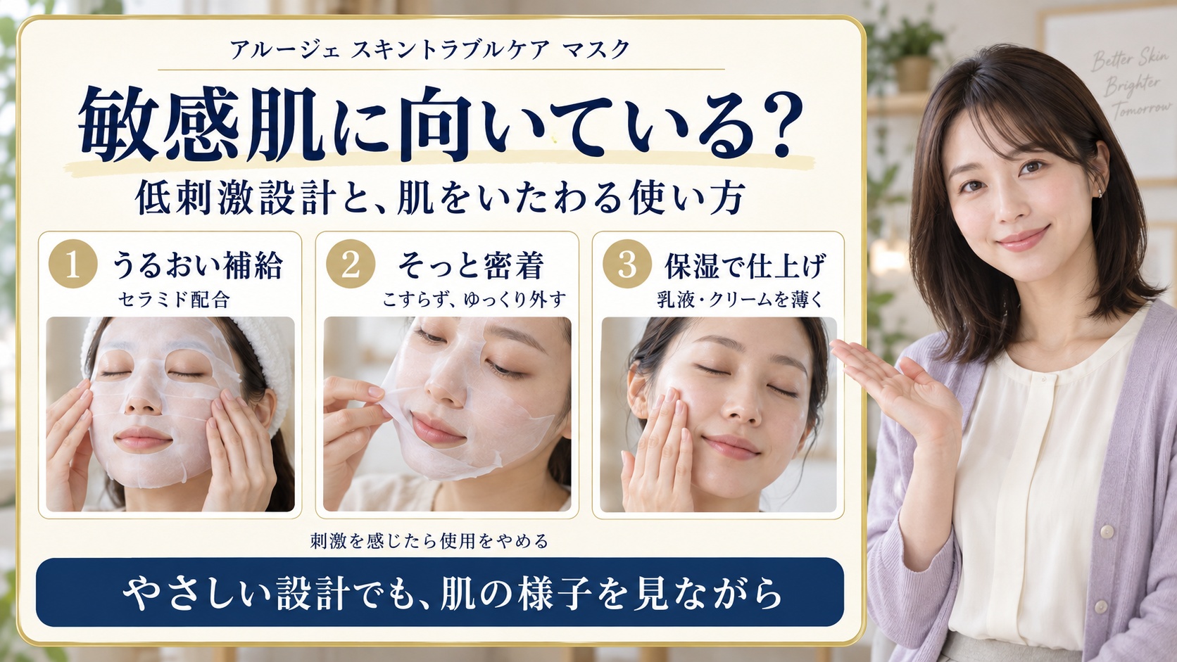 アルージェの敏感肌向けマスクについて、セラミドによるうるおい補給、こすらない密着と取り外し、乳液やクリームでの仕上げを示した美容ボード