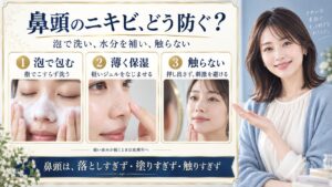 鼻頭のニキビを防ぐために泡で包む洗顔、軽いジェルの薄い保湿、触らず押し出さない習慣を示す3つの実写カード