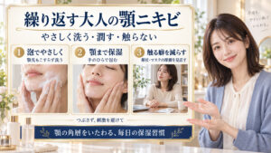 繰り返す大人の顎ニキビに、泡でやさしく洗う・顎まで保湿・触る癖を減らすケアを示したボード