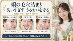 頬の毛穴詰まりを防ぐ泡洗顔、化粧水のハンドプレス、乳液による保湿を示す美容ボード