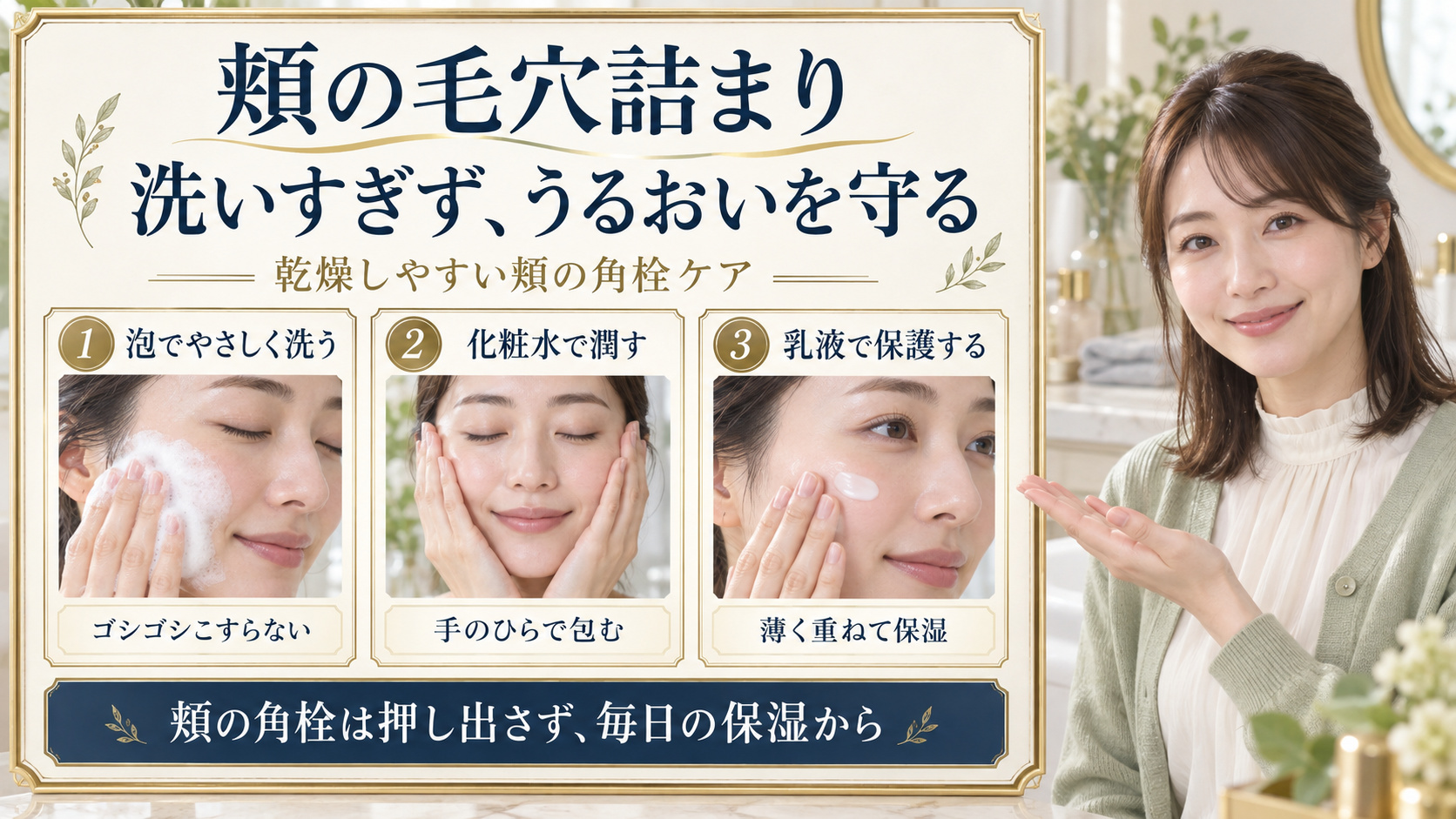 頬の毛穴詰まりを防ぐ泡洗顔、化粧水のハンドプレス、乳液による保湿を示す美容ボード