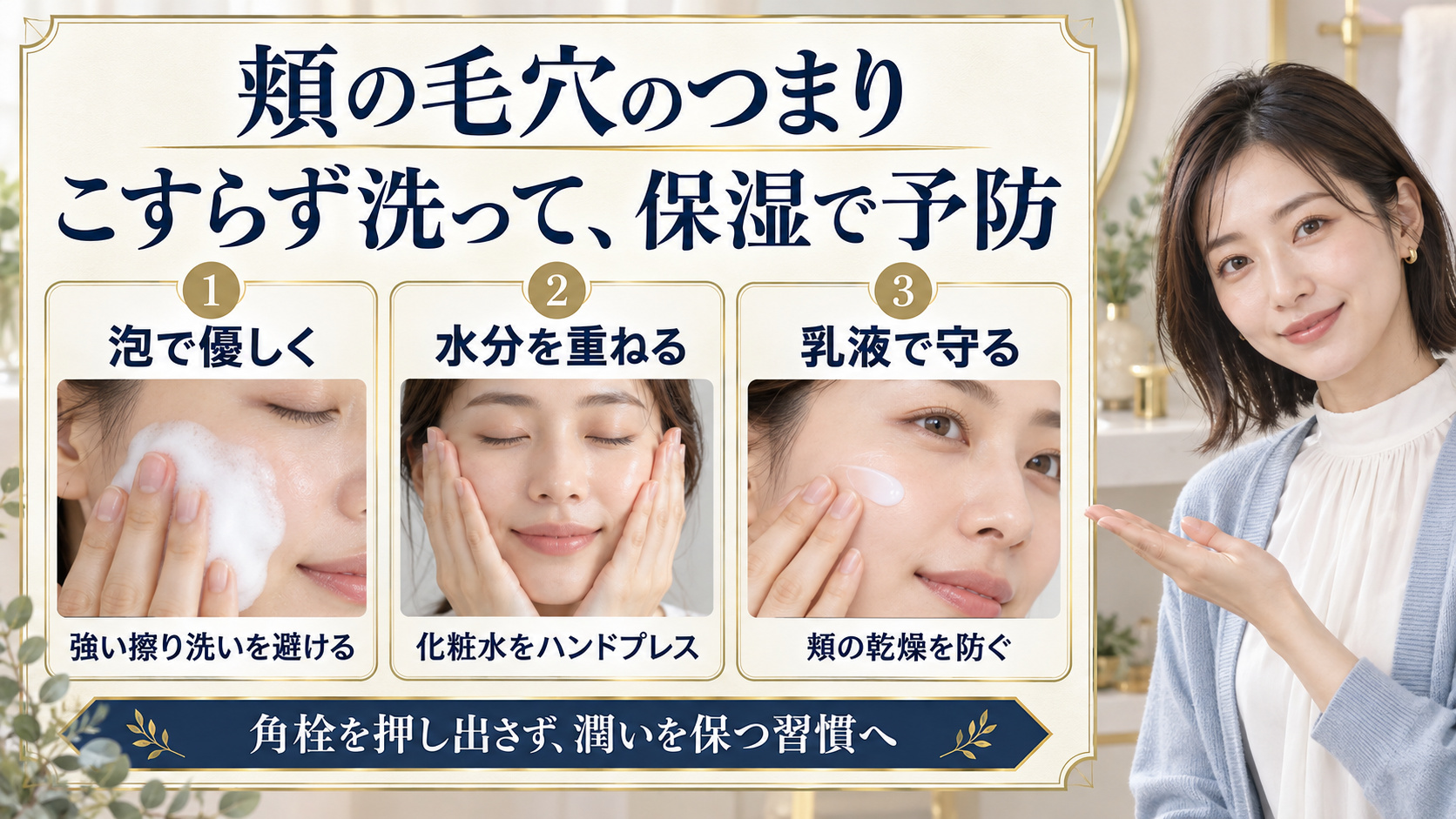 頬の毛穴のつまりを予防する泡洗顔、化粧水のハンドプレス、乳液保湿の3つの習慣