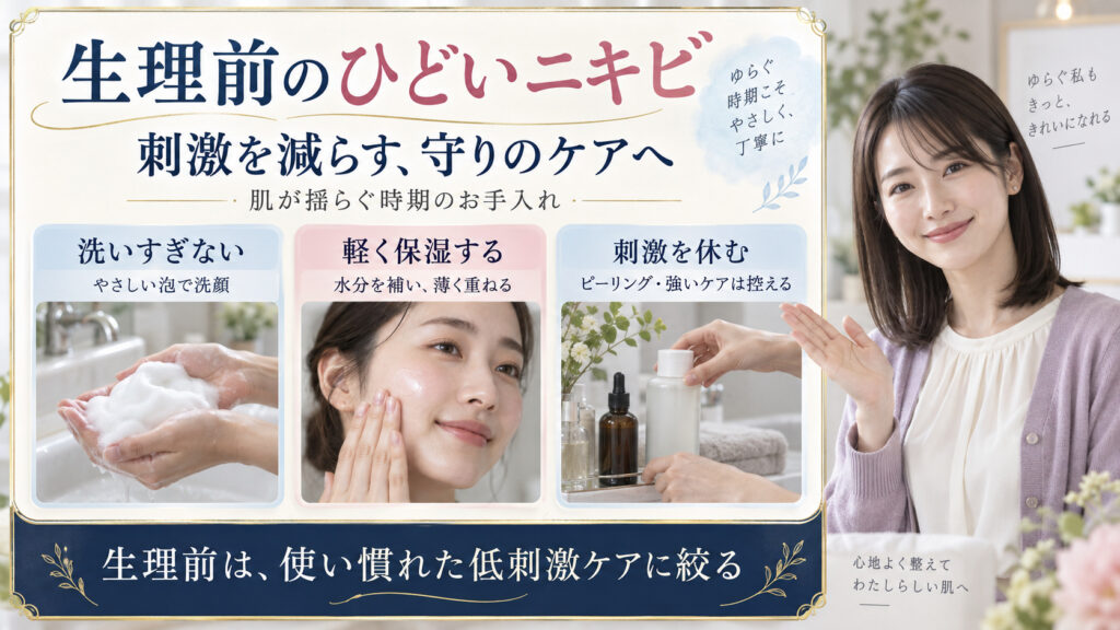 生理前のひどいニキビには洗いすぎを避け、軽く保湿し、刺激の強いケアを控える