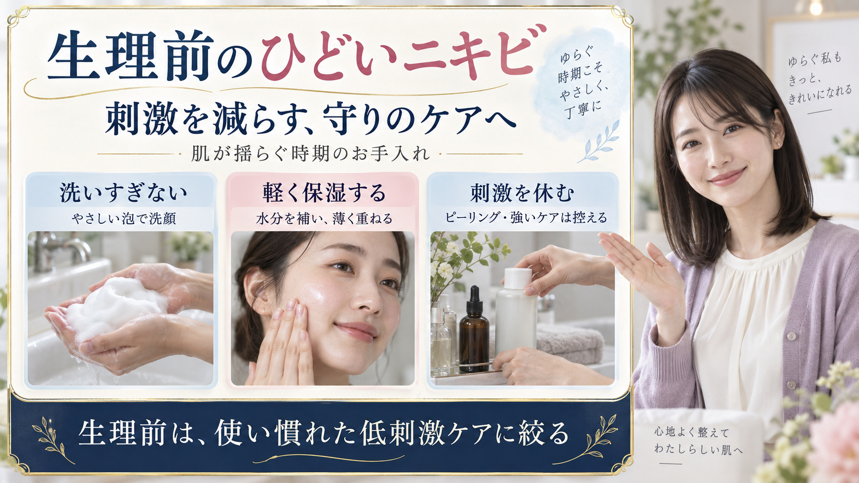 生理前のひどいニキビには洗いすぎを避け、軽く保湿し、刺激の強いケアを控える