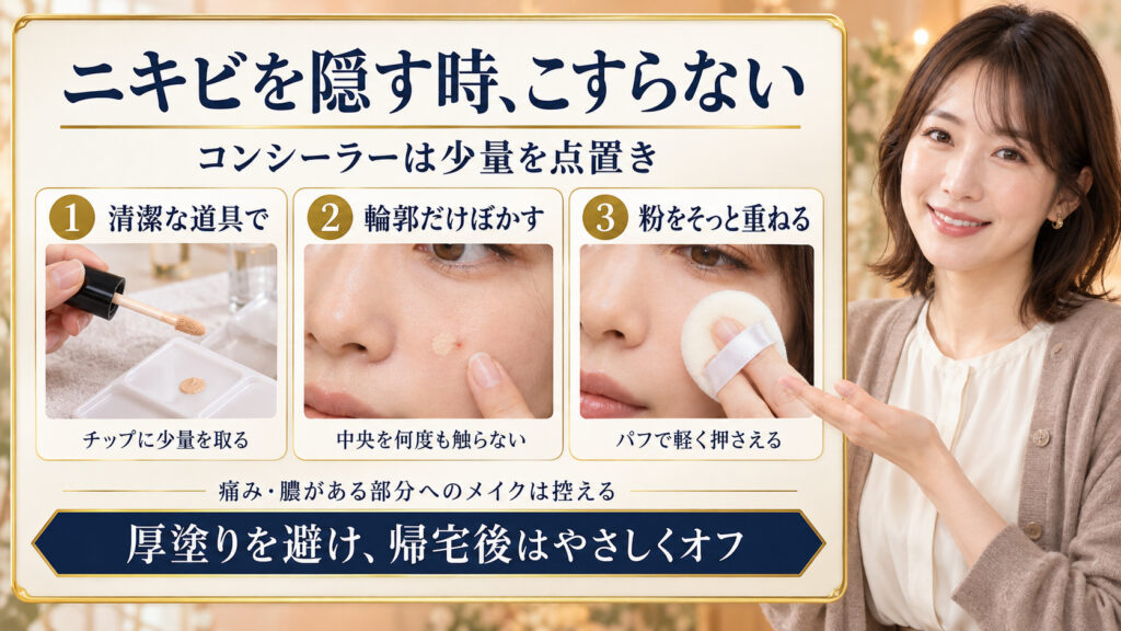 ニキビを隠すコンシーラーは清潔な道具で少量を点置きし、輪郭だけぼかして粉を軽く重ねる