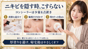 ニキビを隠すコンシーラーは清潔な道具で少量を点置きし、輪郭だけぼかして粉を軽く重ねる