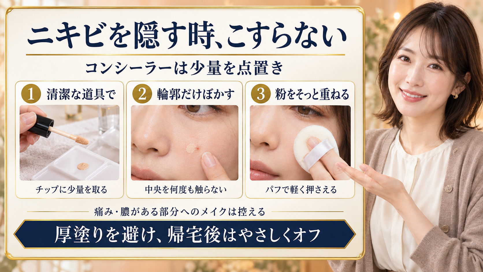 ニキビを隠すコンシーラーは清潔な道具で少量を点置きし、輪郭だけぼかして粉を軽く重ねる