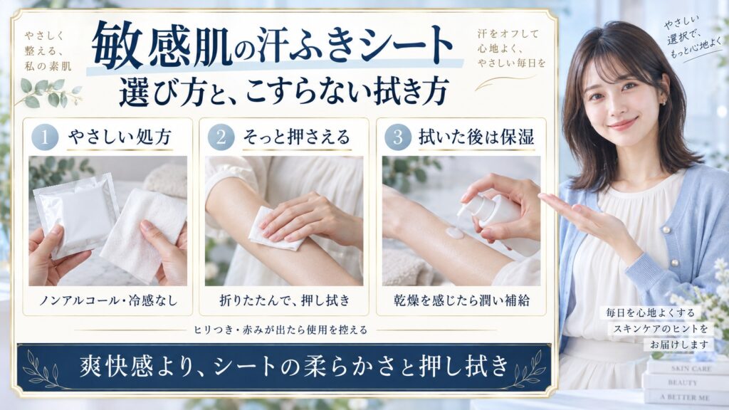 敏感肌の汗ふきシートはノンアルコール・冷感なしを選び、折りたたんで押し拭きし、拭いた後は保湿する
