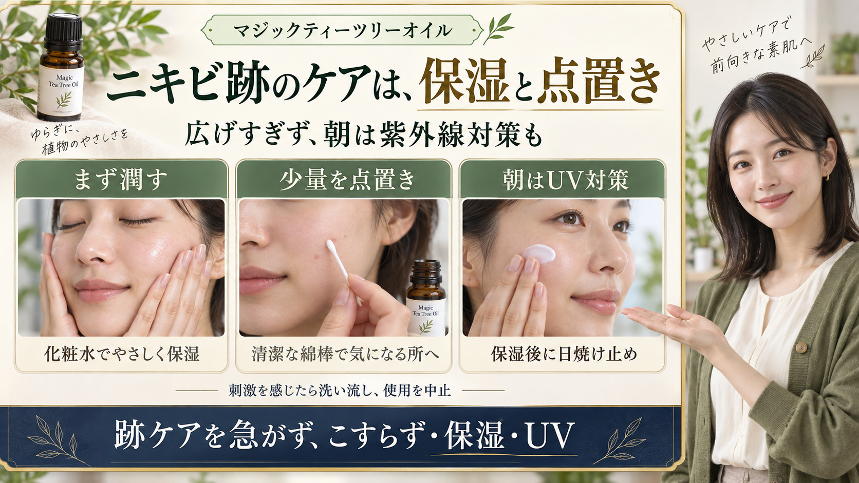マジックティーツリーオイルのニキビ跡ケアを、化粧水の保湿、清潔な綿棒の少量点置き、朝の日焼け止めの三つで説明する画像