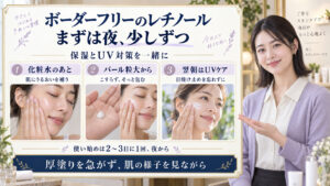 ボーダーフリーのレチノールはまず夜から。化粧水で保湿、パール粒大をこすらず包む、翌朝の日焼け止めの3つの使い方。
