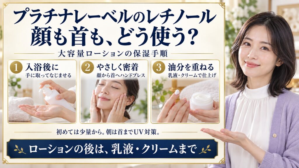 プラチナレーベルのレチノールローションは入浴後に手に取り、顔から首へ優しくハンドプレスし、乳液やクリームで仕上げる保湿手順