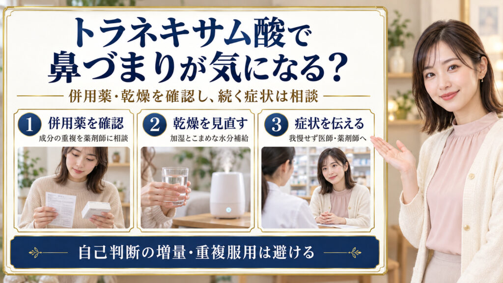 トラネキサム酸服用中の鼻づまりについて、併用薬確認、乾燥対策、医師や薬剤師への相談を示す3つの写真カード
