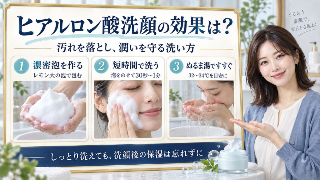 ヒアルロン酸洗顔は濃密泡で30秒から1分洗い、32〜34℃のぬるま湯ですすいで洗顔後も保湿する