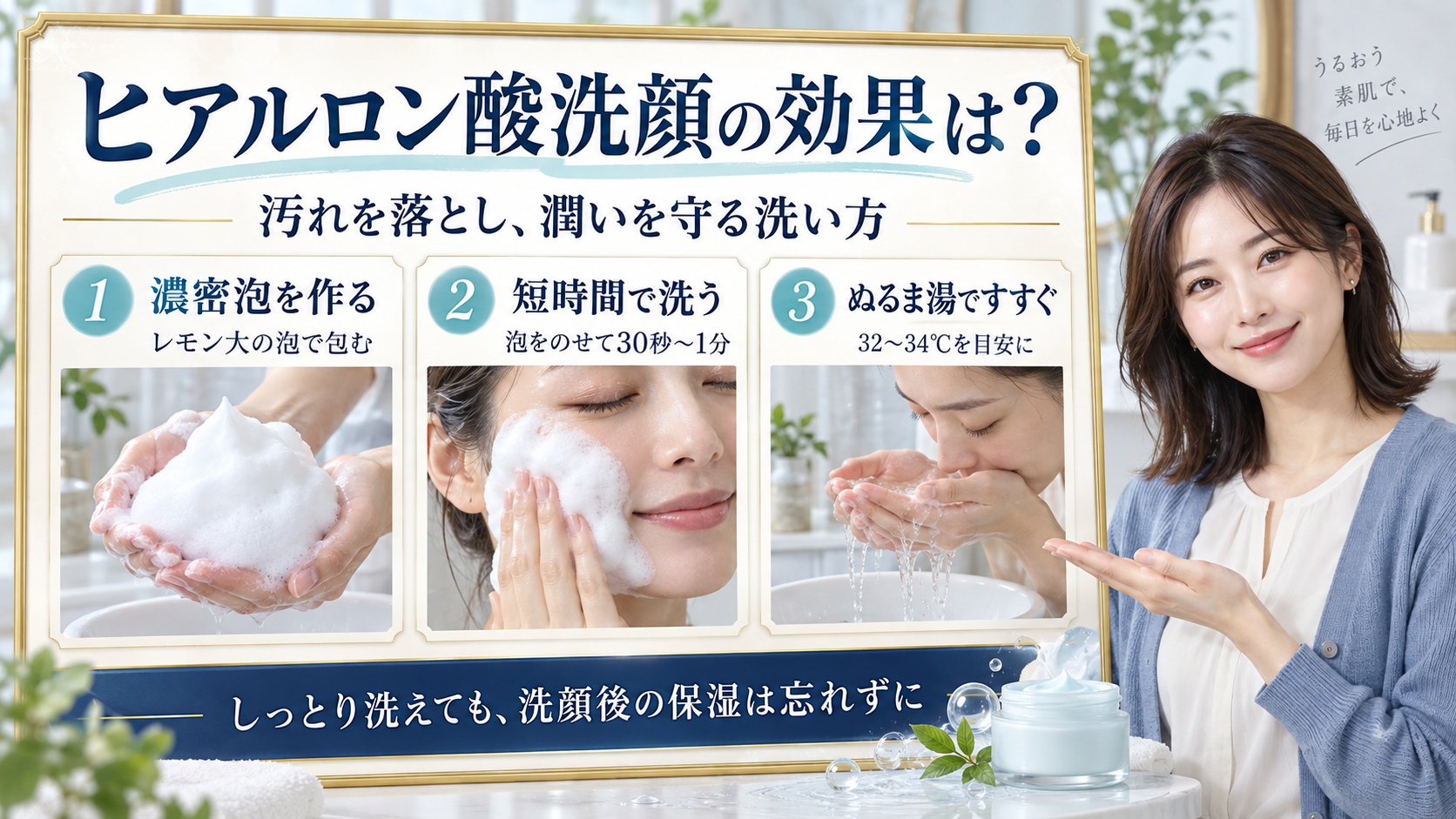 ヒアルロン酸洗顔は濃密泡で30秒から1分洗い、32〜34℃のぬるま湯ですすいで洗顔後も保湿する