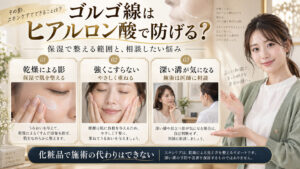 ゴルゴ線とヒアルロン酸について、保湿で整える範囲と深い溝を医師へ相談する考え方を説明するアイキャッチ。