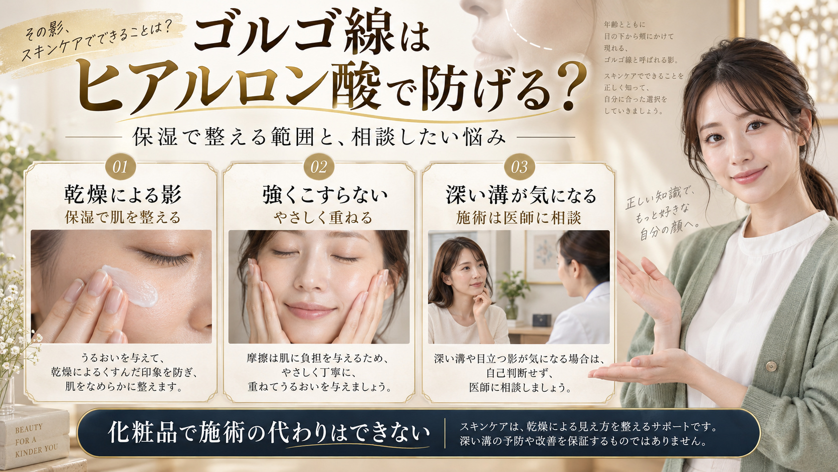 ゴルゴ線とヒアルロン酸について、保湿で整える範囲と深い溝を医師へ相談する考え方を説明するアイキャッチ。