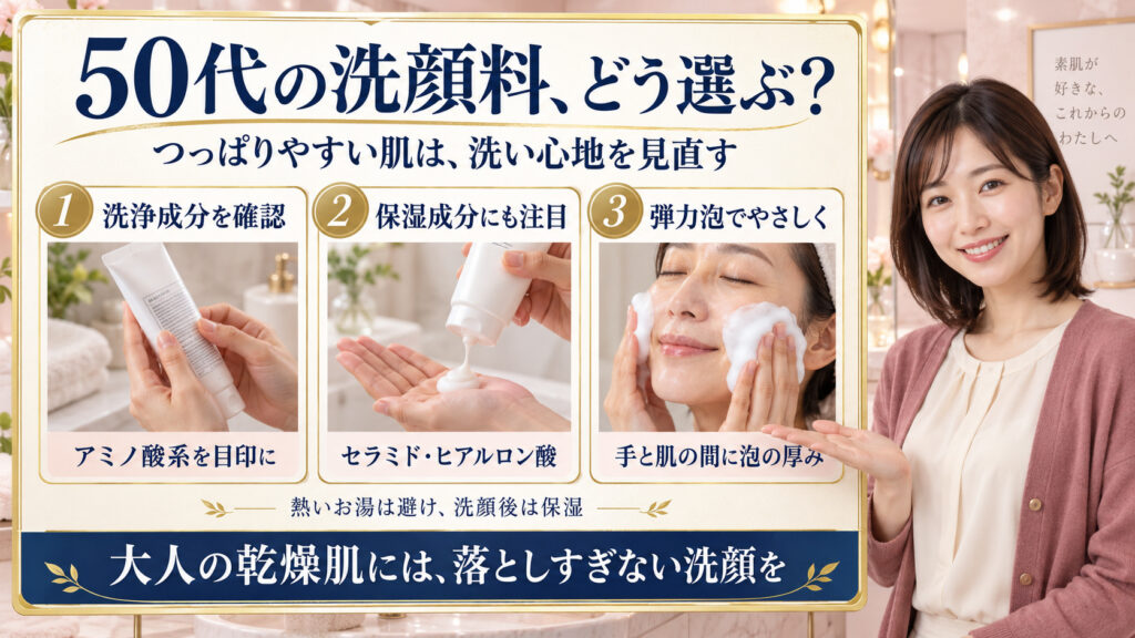 50代の洗顔料はアミノ酸系の洗浄成分、セラミドなどの保湿成分、弾力泡を目安に選び、洗顔後は保湿する