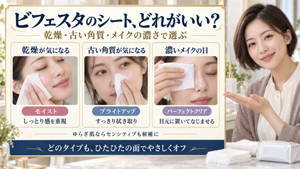 ビフェスタのクレンジングシートを乾燥ならモイスト、古い角質ならブライトアップ、濃いメイクならパーフェクトクリアで選び、ひたひたの面で優しく拭く比較ボード