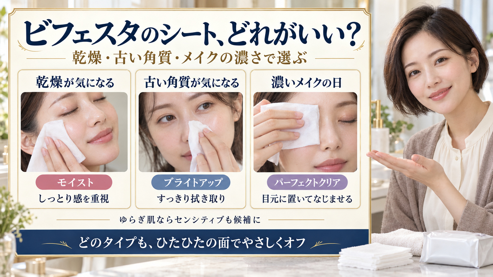 ビフェスタのクレンジングシートを乾燥ならモイスト、古い角質ならブライトアップ、濃いメイクならパーフェクトクリアで選び、ひたひたの面で優しく拭く比較ボード
