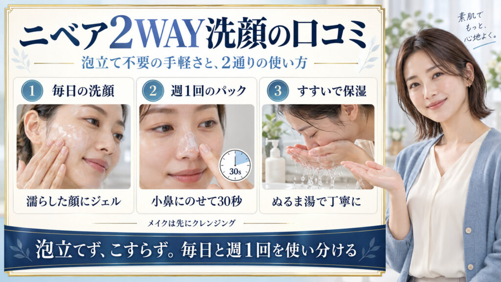 ニベア2WAY洗顔の口コミと毎日のジェル洗顔・週1回30秒のパック・すすぎ保湿の使い分け