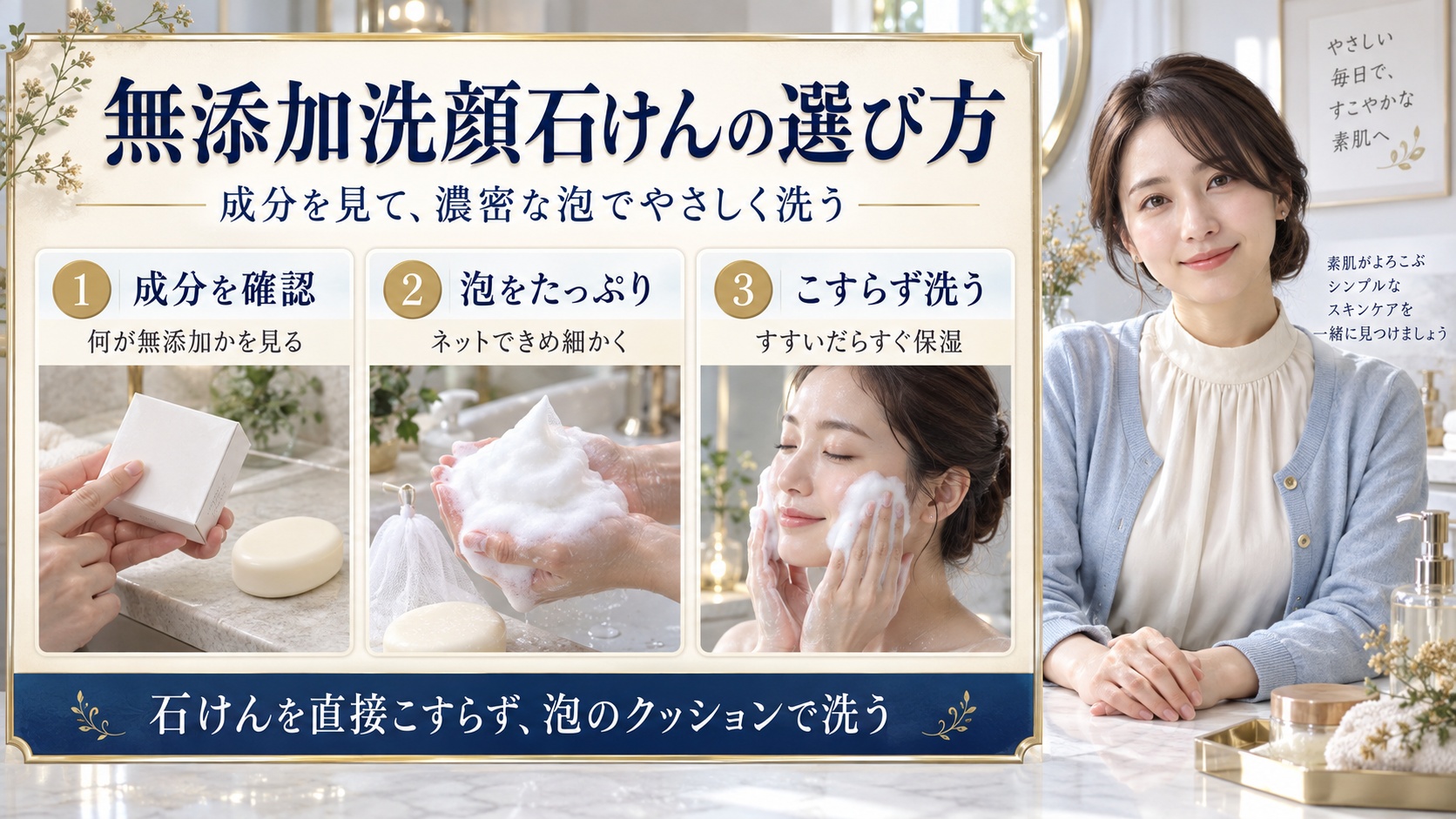 無添加洗顔石けんの選び方。無添加項目を成分表示で確認し、ネットで濃密に泡立て、こすらず洗って保湿する。