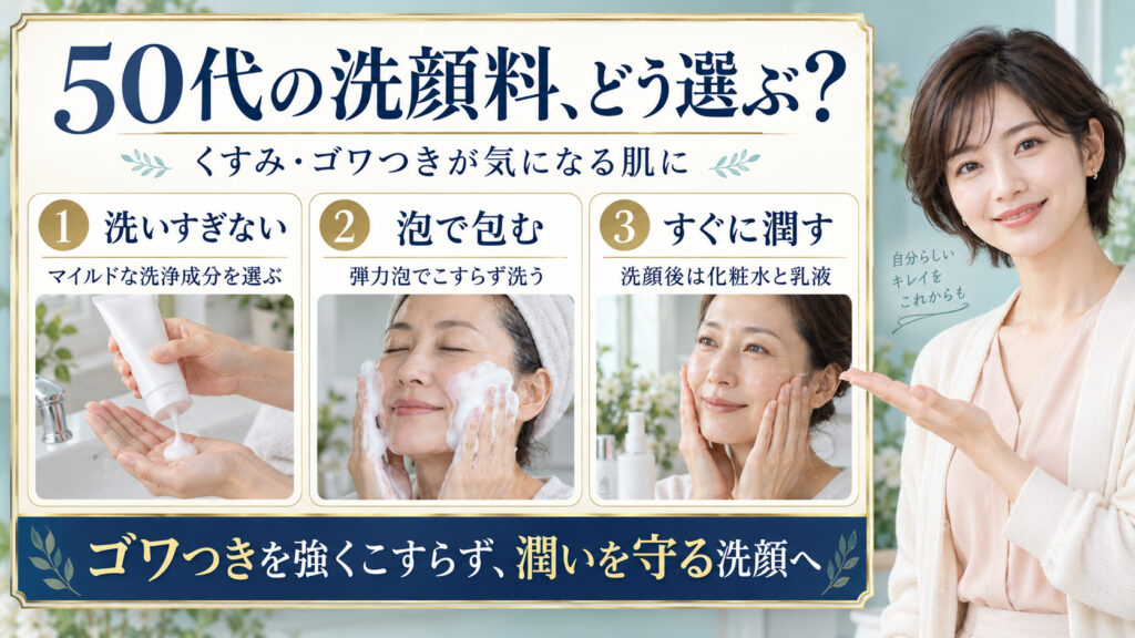 50代の洗顔料選び。マイルドな洗浄成分、弾力泡でこすらず洗う方法、洗顔後の化粧水と乳液を示した3カード