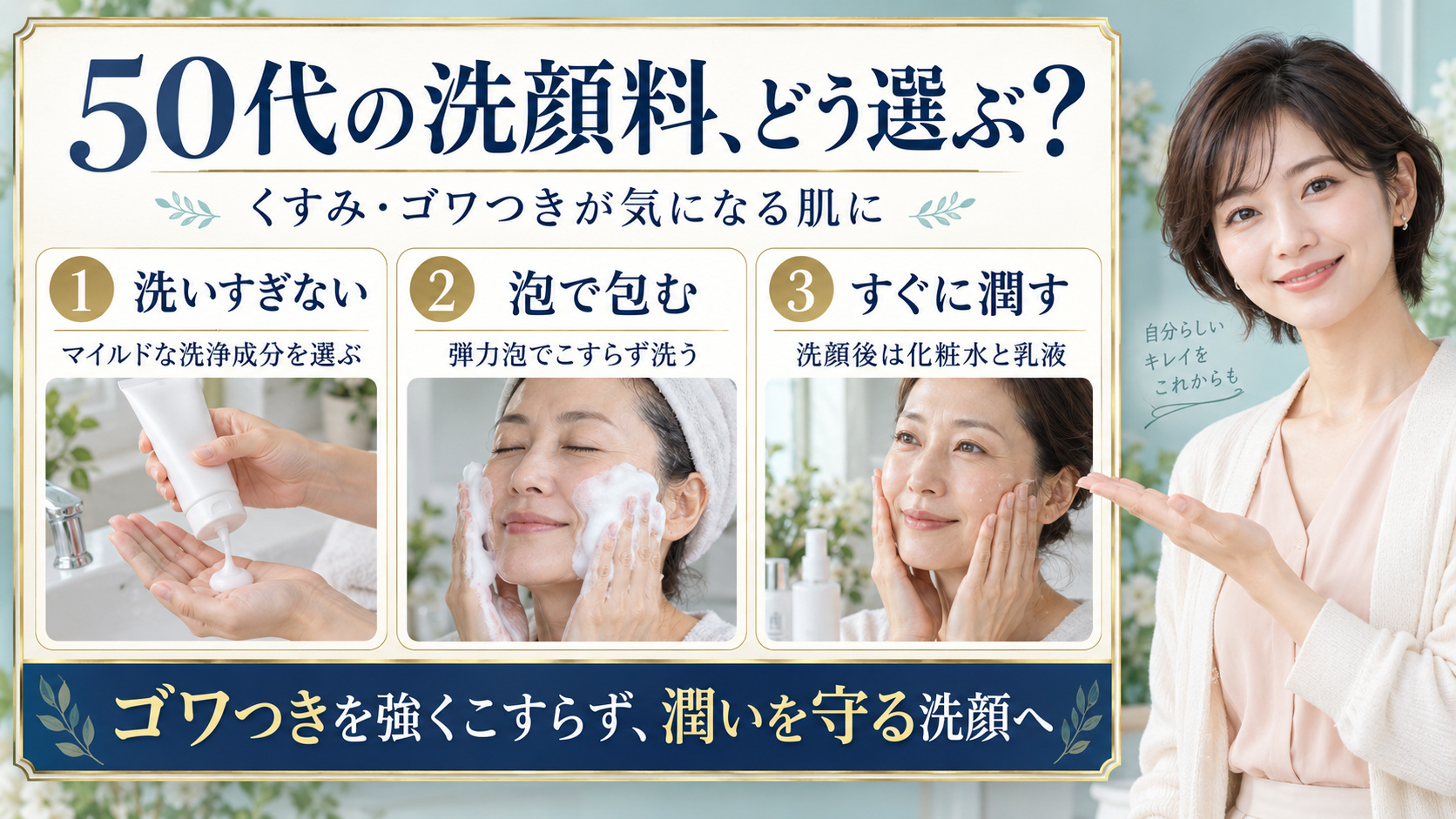 50代の洗顔料選び。マイルドな洗浄成分、弾力泡でこすらず洗う方法、洗顔後の化粧水と乳液を示した3カード