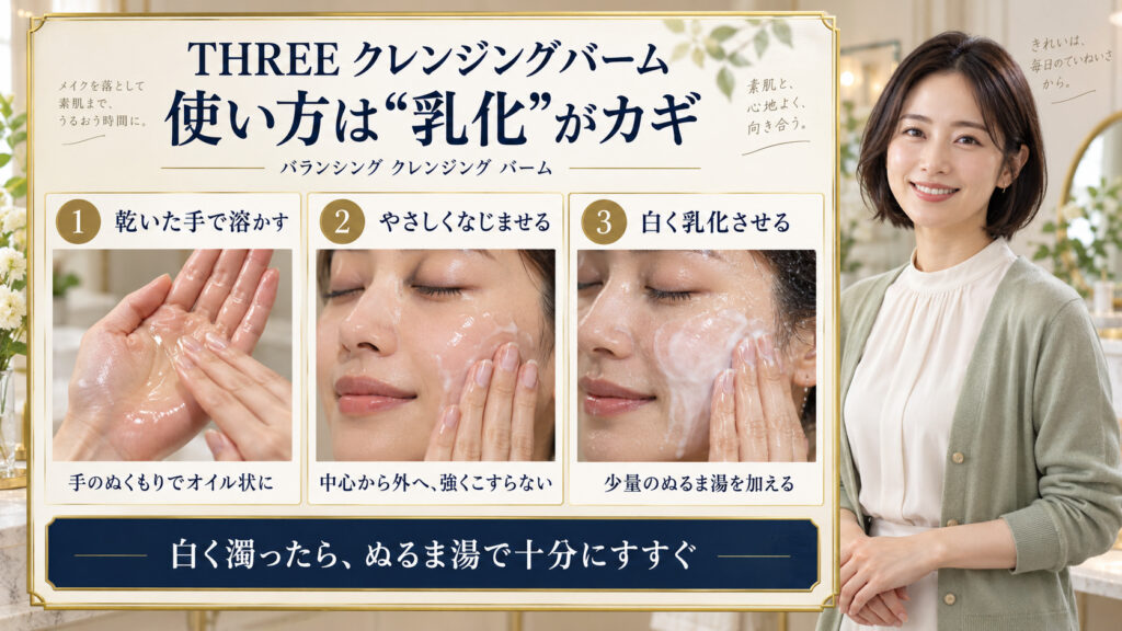 THREEクレンジングバームを乾いた手で溶かし、やさしくなじませ、白く乳化させてすすぐ手順