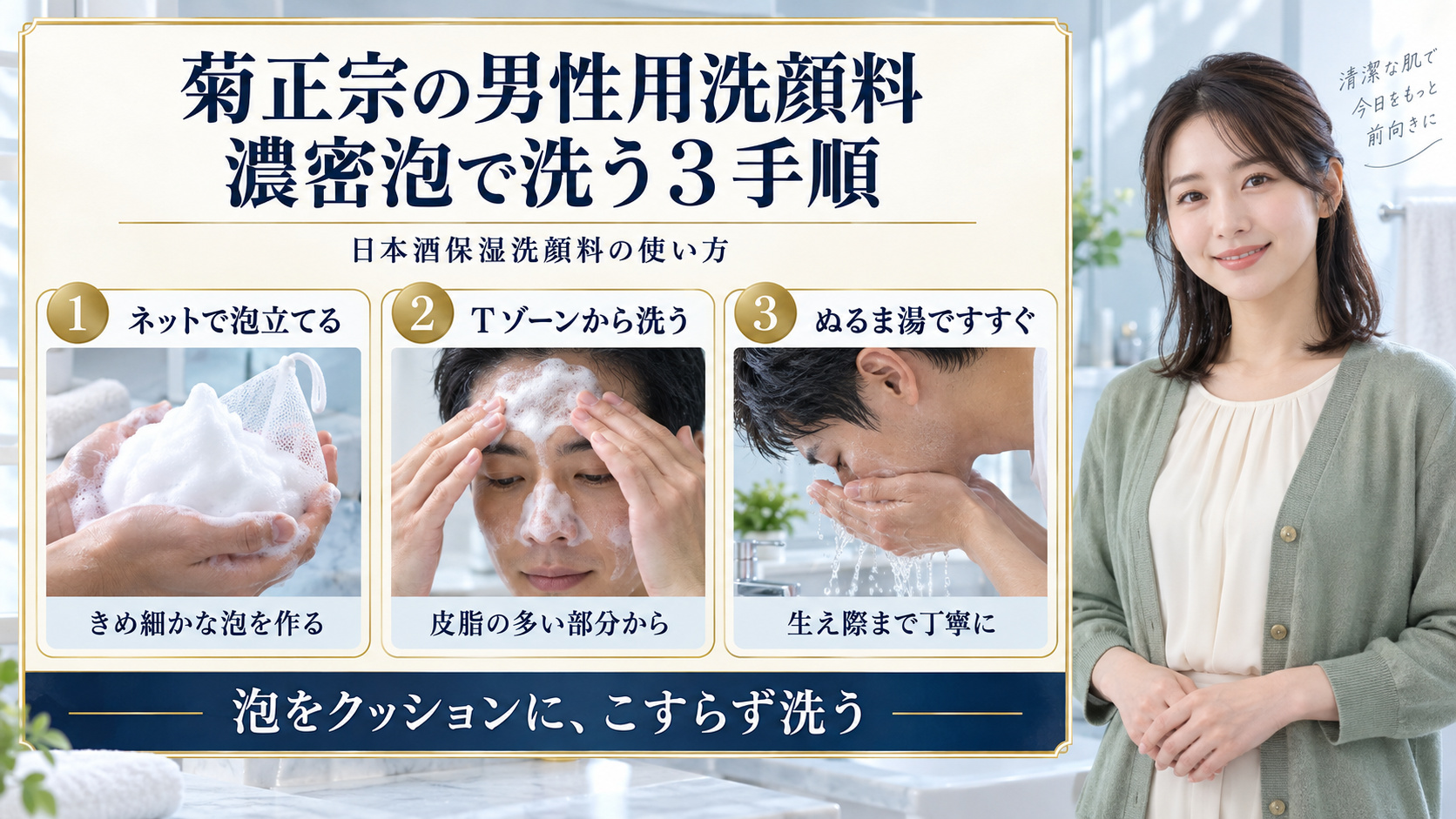 菊正宗の男性用洗顔料をネットで泡立て、Tゾーンから洗い、ぬるま湯ですすぐ3手順
