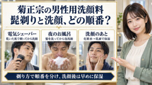 菊正宗男性用洗顔料の髭剃りと洗顔の順番。電気シェーバー後の洗顔、洗髪後の泡洗顔、化粧水と乳液の保湿を示す