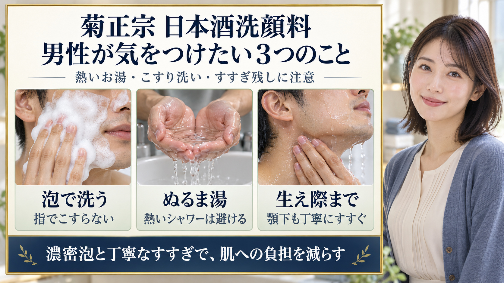 菊正宗日本酒洗顔料の男性向け注意点。泡で洗い、ぬるま湯を使い、生え際と顎下まで丁寧にすすぐ。