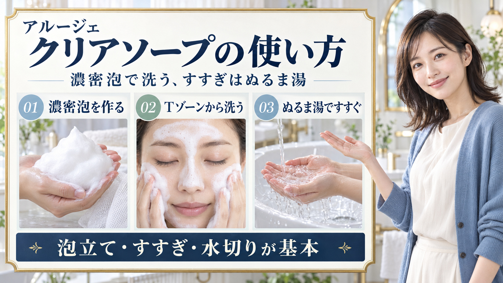 アルージェクリアソープの使い方。濃密泡を作り、Tゾーンから洗い、ぬるま湯ですすぐ基本手順