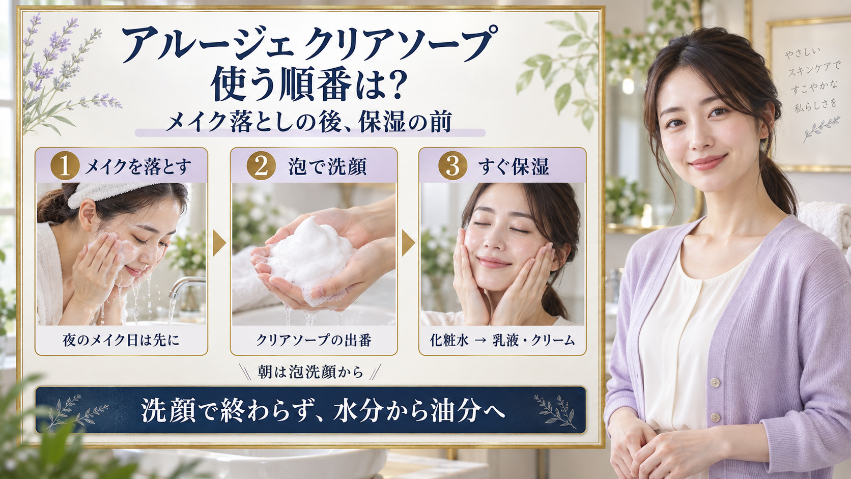 アルージェクリアソープはメイク落としの後、保湿の前。メイクを落とす、泡で洗顔、すぐ保湿の順番