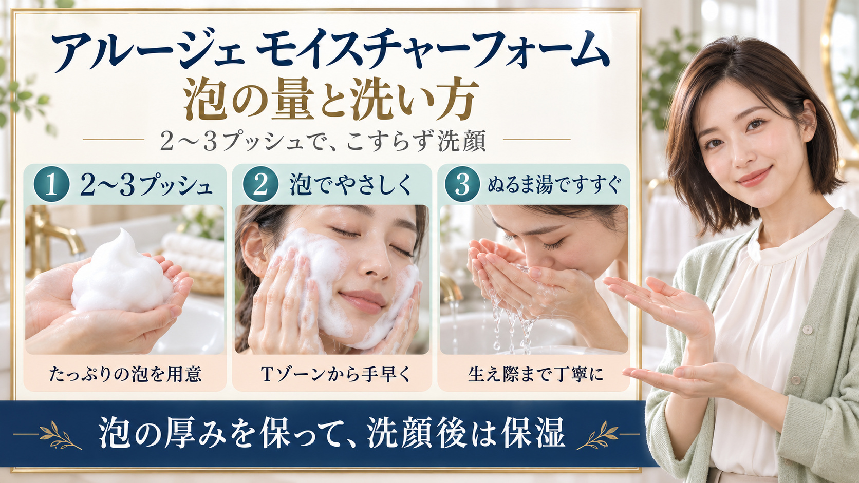 アルージェモイスチャーフォームの2〜3プッシュと泡洗顔・ぬるま湯すすぎ手順