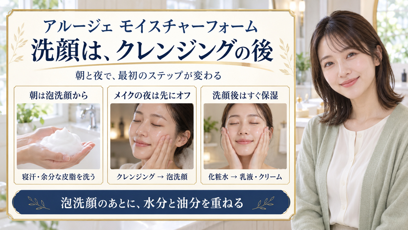 アルージェモイスチャーフォームは朝は泡洗顔から、メイクの夜はクレンジング後、洗顔後は化粧水と乳液・クリームで保湿
