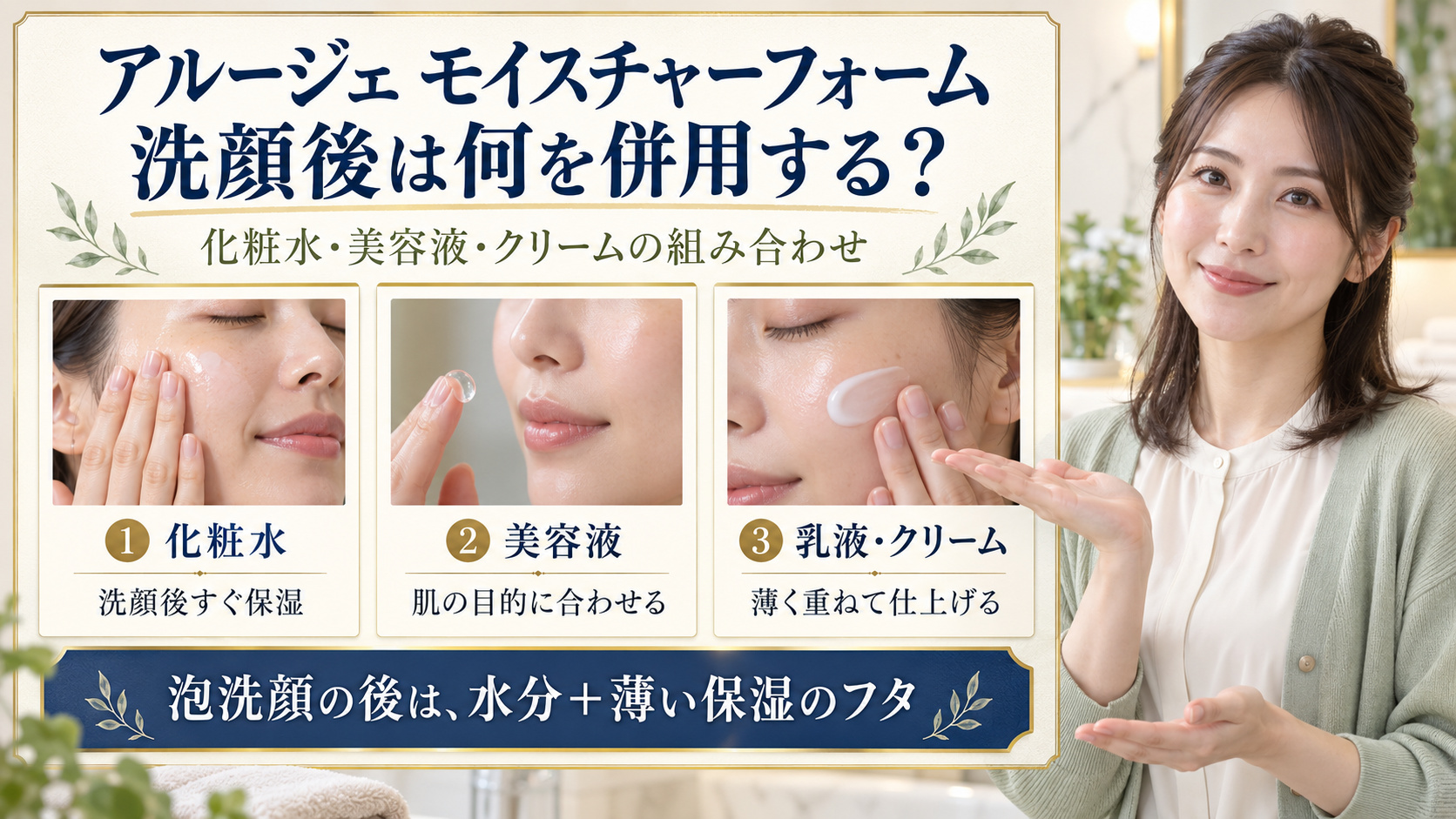 アルージェモイスチャーフォーム洗顔後の化粧水、美容液、乳液とクリームの組み合わせ