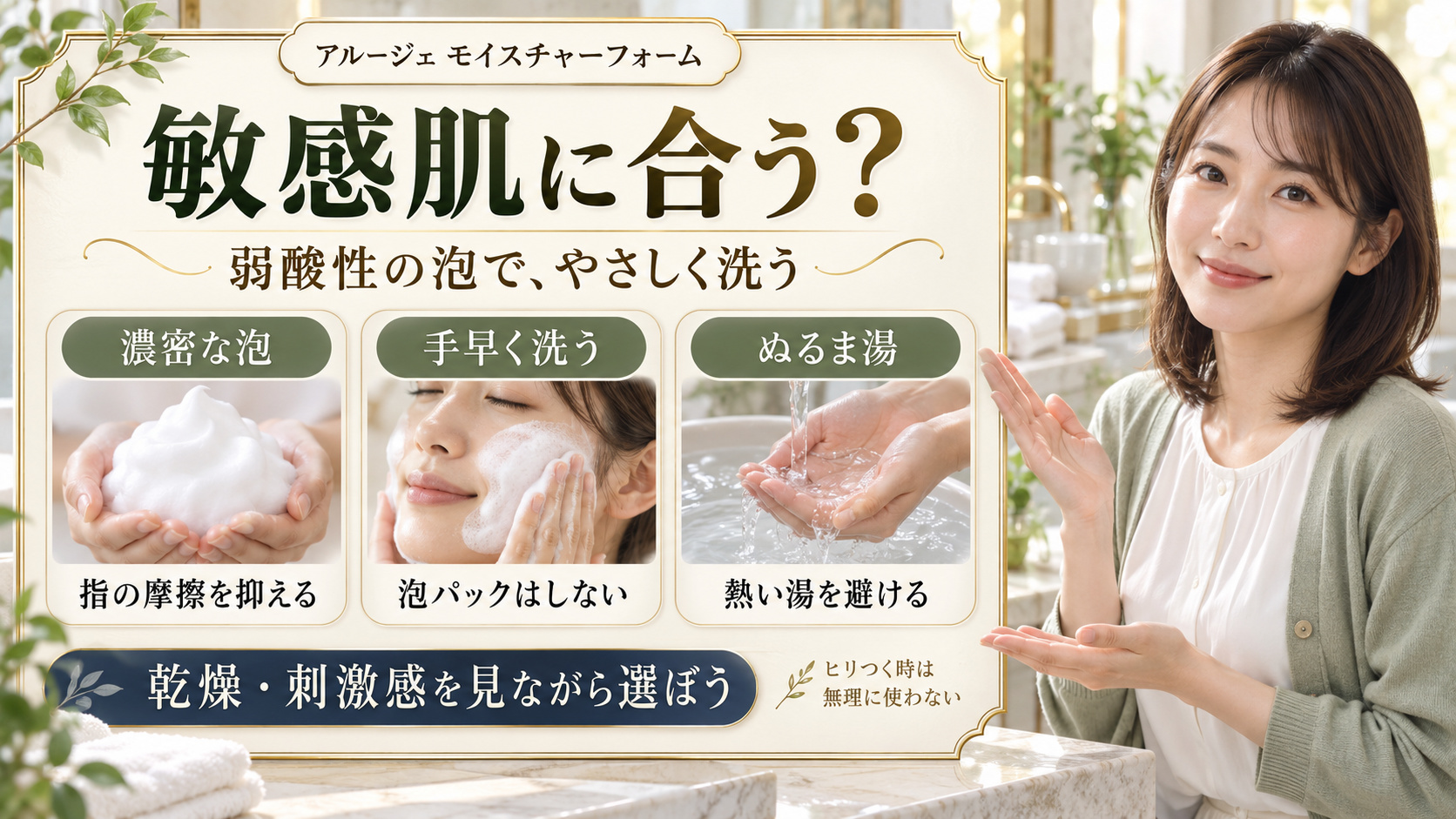 アルージェモイスチャーフォームの敏感肌適性。濃密泡、手早い洗顔、ぬるま湯の3点を示す美容解説。